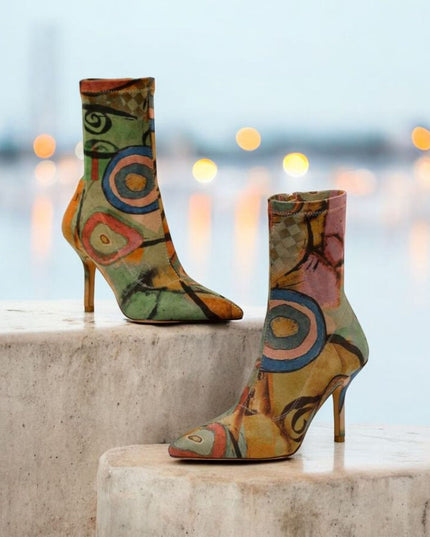 Abstract Muse Stiletto Boots Multicolor Artistic Printed Ankle Heels