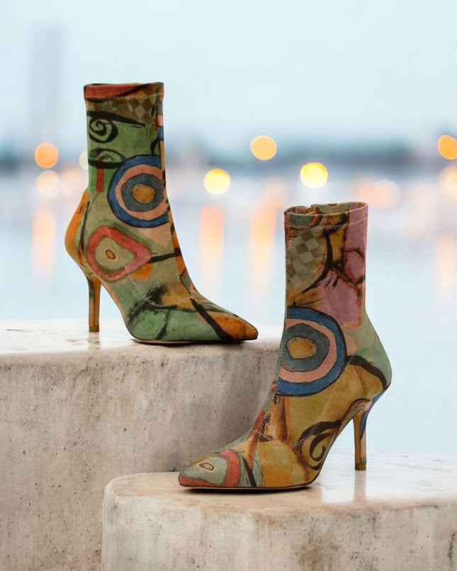Abstract Muse Stiletto Boots Multicolor Artistic Printed Ankle Heels