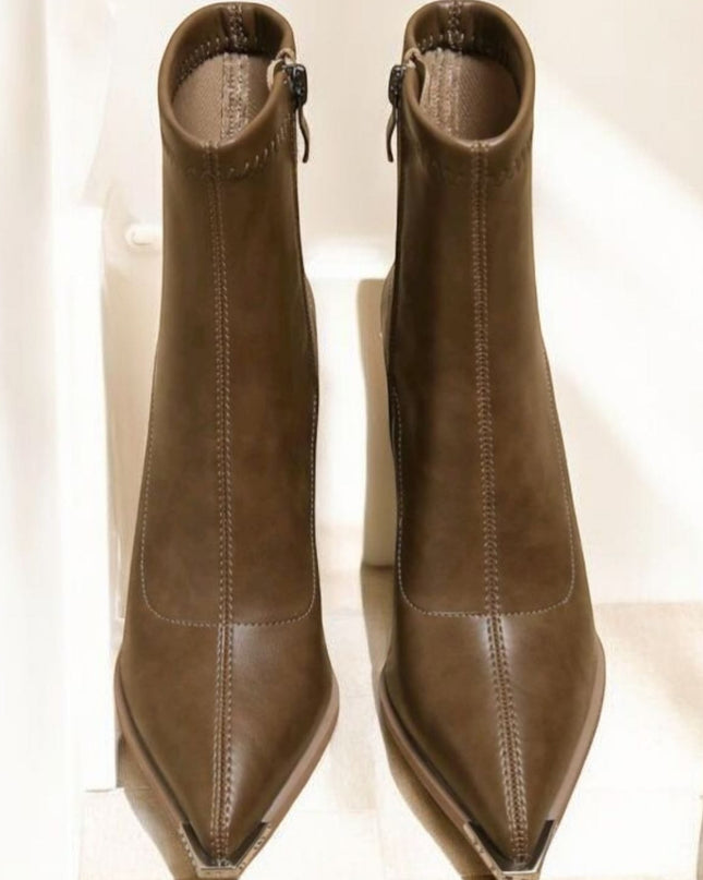 Coffee Tone Square Heels Booties