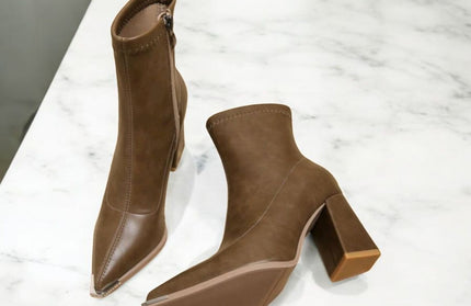 Coffee Tone Square Heels Booties