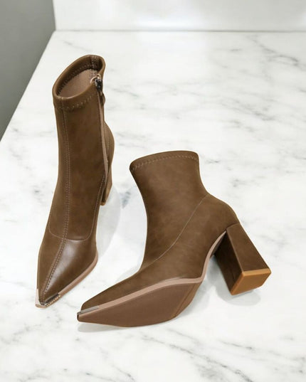 Coffee Tone Square Heels Booties