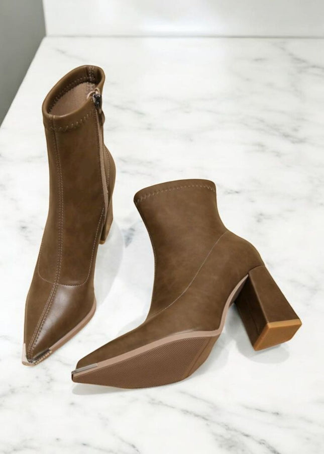 Coffee Tone Square Heels Booties