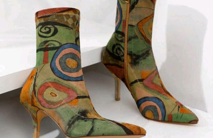 Abstract Muse Stiletto Boots Multicolor Artistic Printed Ankle Heels