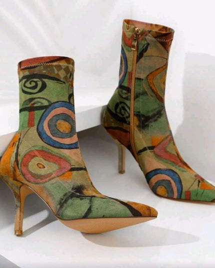 Abstract Muse Stiletto Boots Multicolor Artistic Printed Ankle Heels