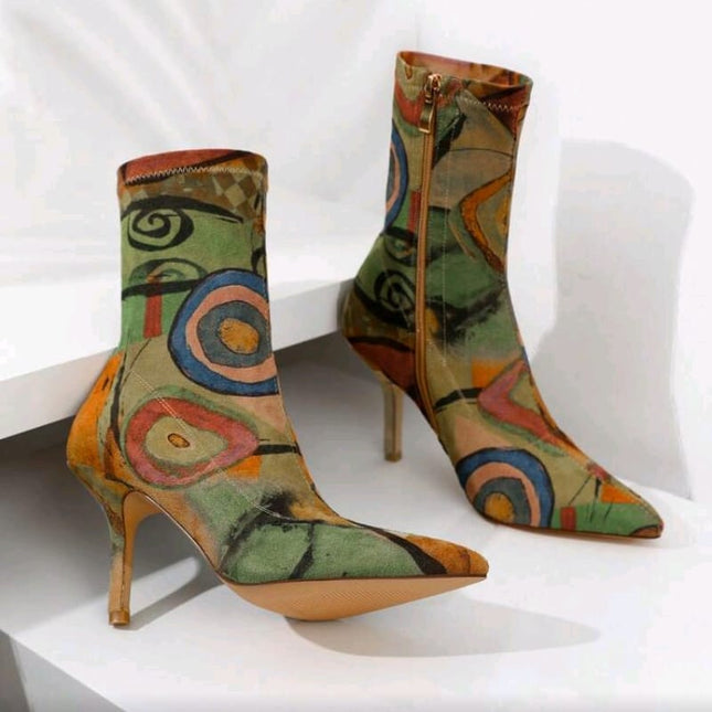 Abstract Muse Stiletto Boots Multicolor Artistic Printed Ankle Heels