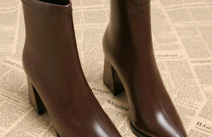 Mocha Luxe Ankle Boots, Square Block Heels Leather Pointed-Toe Booties