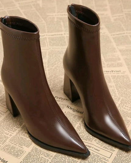 Mocha Luxe Ankle Boots, Square Block Heels Leather Pointed-Toe Booties