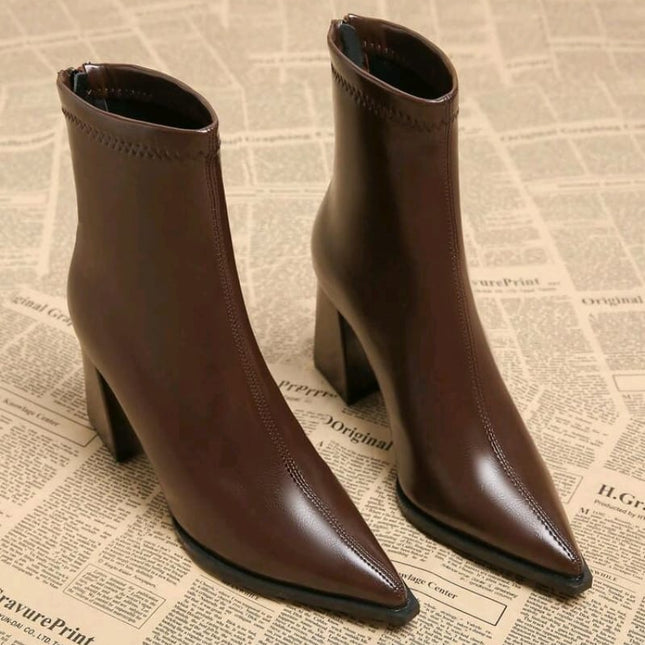 Mocha Luxe Ankle Boots, Square Block Heels Leather Pointed-Toe Booties