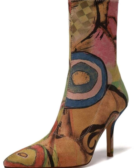 Abstract Muse Stiletto Boots Multicolor Artistic Printed Ankle Heels