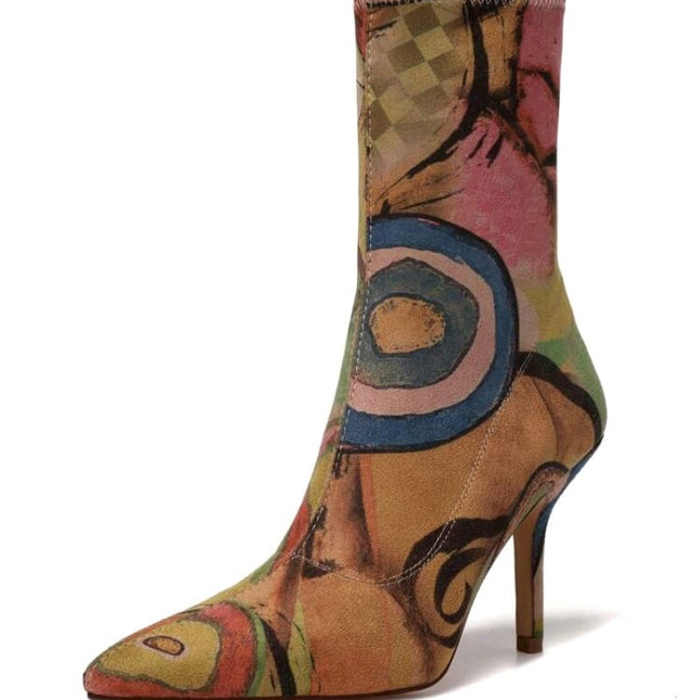 Abstract Muse Stiletto Boots Multicolor Artistic Printed Ankle Heels