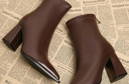 Mocha Luxe Ankle Boots, Square Block Heels Leather Pointed-Toe Booties