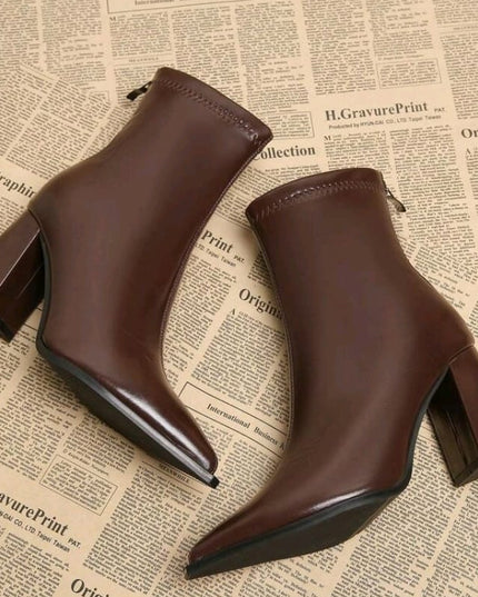 Mocha Luxe Ankle Boots, Square Block Heels Leather Pointed-Toe Booties