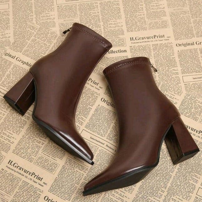 Mocha Luxe Ankle Boots, Square Block Heels Leather Pointed-Toe Booties