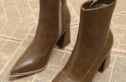 Coffee Tone Square Heels Booties