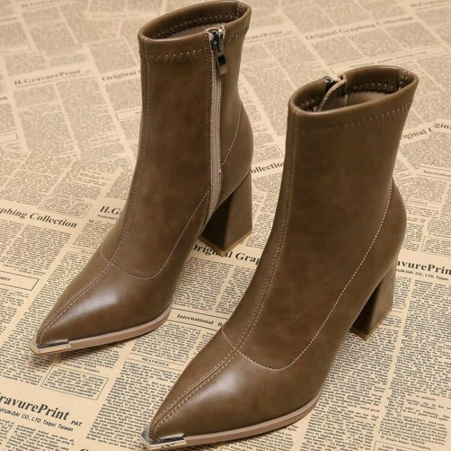Coffee Tone Square Heels Booties