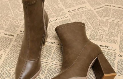 Coffee Tone Square Heels Booties
