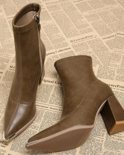 Coffee Tone Square Heels Booties