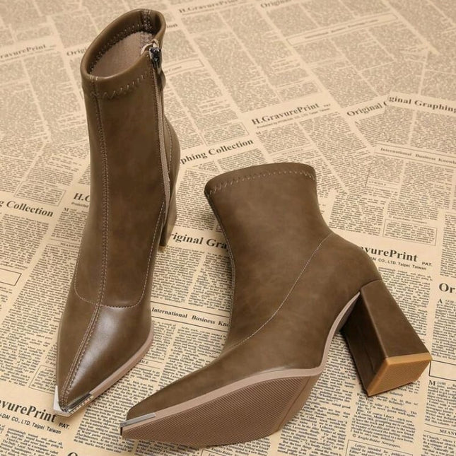 Coffee Tone Square Heels Booties