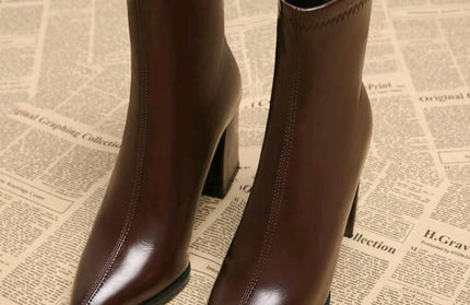 Mocha Luxe Ankle Boots, Square Block Heels Leather Pointed-Toe Booties