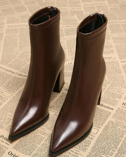 Mocha Luxe Ankle Boots, Square Block Heels Leather Pointed-Toe Booties