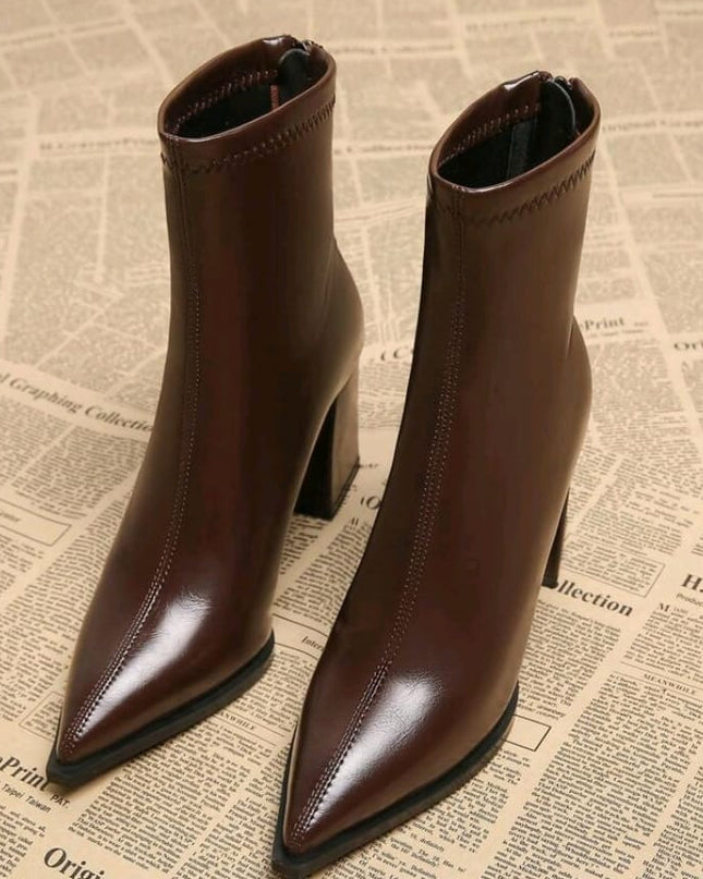 Mocha Luxe Ankle Boots, Square Block Heels Leather Pointed-Toe Booties
