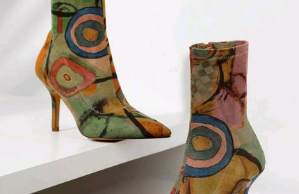 Abstract Muse Stiletto Boots Multicolor Artistic Printed Ankle Heels