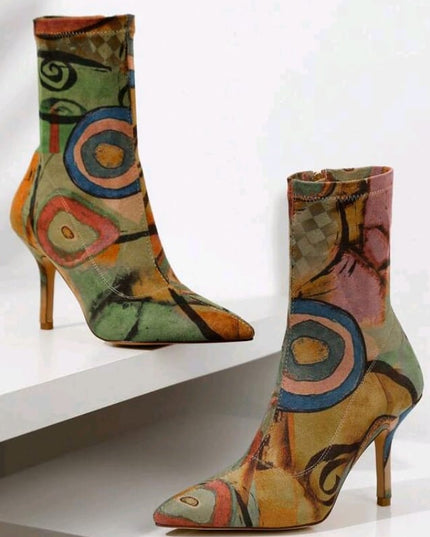 Abstract Muse Stiletto Boots Multicolor Artistic Printed Ankle Heels