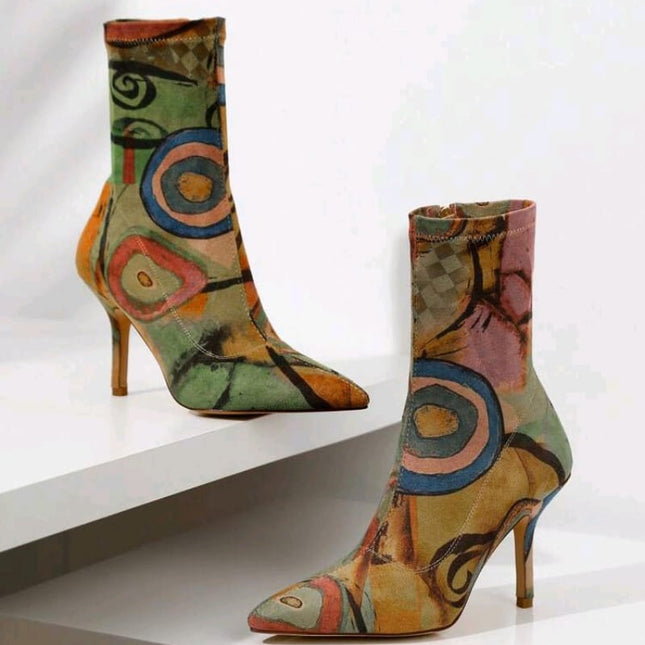 Abstract Muse Stiletto Boots Multicolor Artistic Printed Ankle Heels