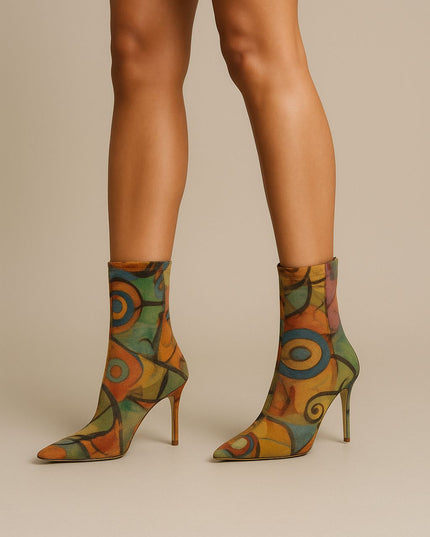 Abstract Muse Stiletto Boots Multicolor Artistic Printed Ankle Heels