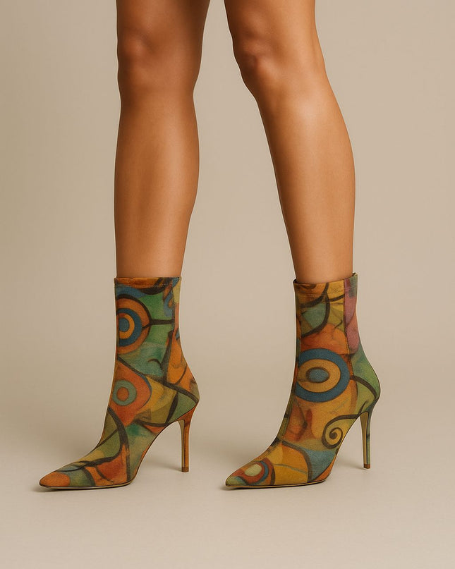 Abstract Muse Stiletto Boots Multicolor Artistic Printed Ankle Heels