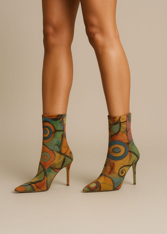 Abstract Muse Stiletto Boots Multicolor Artistic Printed Ankle Heels