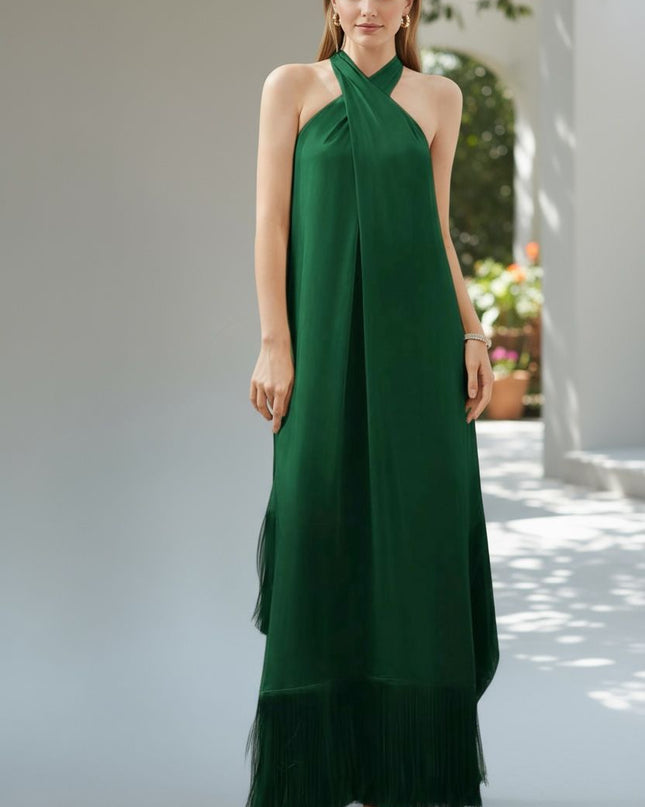 Crisscross halter top dress with solid fringe hem