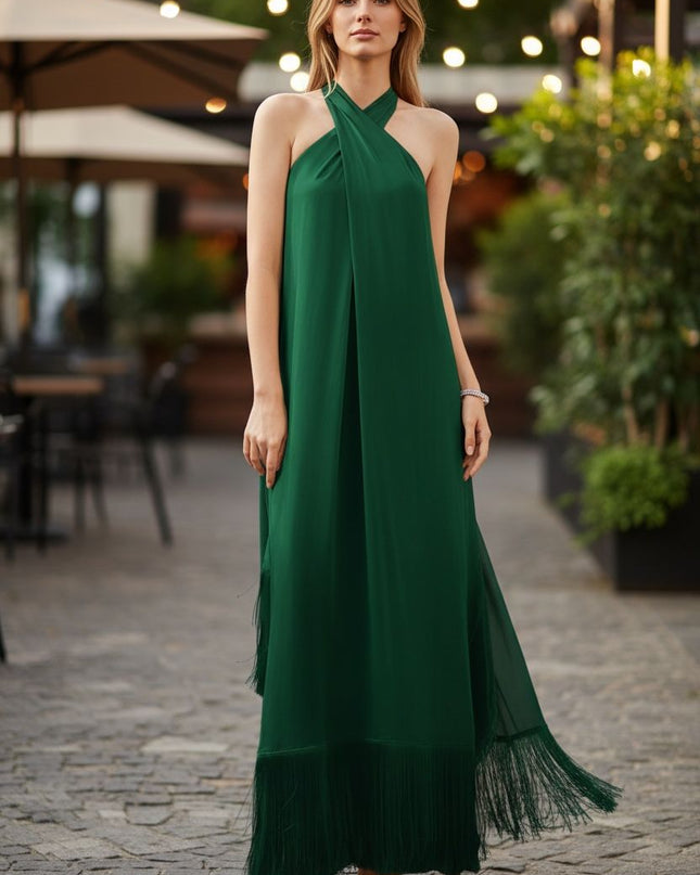 Crisscross halter top dress with solid fringe hem
