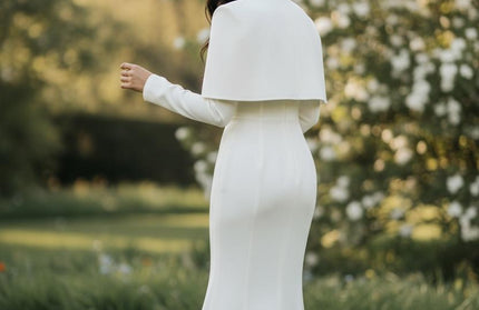 Long Elegant Cape Dress with Pearl Button and hand studded diamonds