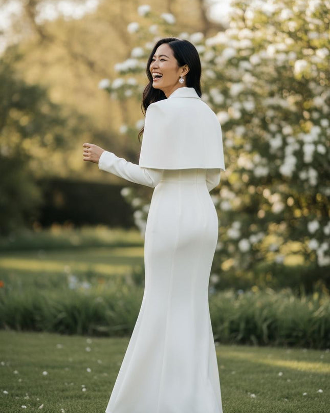 Long Elegant Cape Dress with Pearl Button and hand studded diamonds