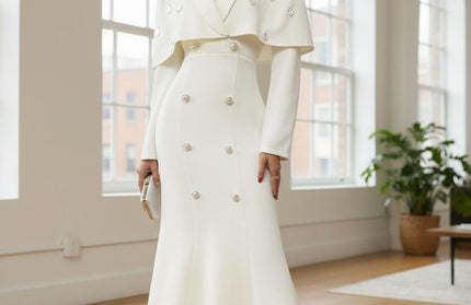 Long Elegant Cape Dress with Pearl Button and hand studded diamonds