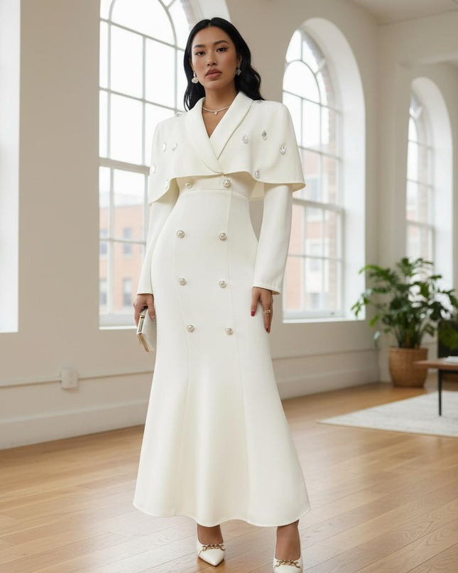 Long Elegant Cape Dress with Pearl Button and hand studded diamonds