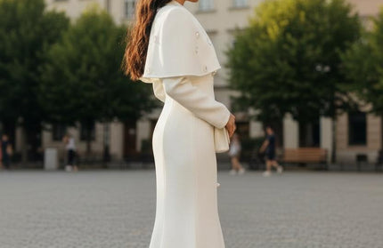 Long Elegant Cape Dress with Pearl Button and hand studded diamonds