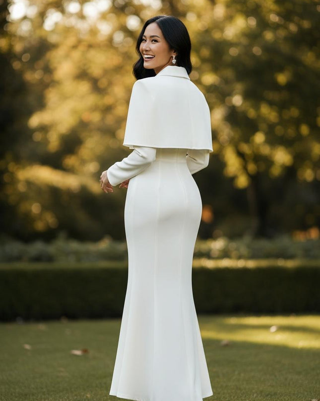 Long Elegant Cape Dress with Pearl Button and hand studded diamonds