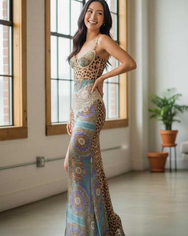 Leopard print lace split maxi dress