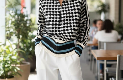 Houndstooth Knit Zip-up Sweater