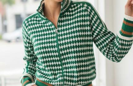 Houndstooth Knit Zip-up Sweater