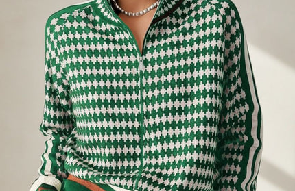 Houndstooth Knit Zip-up Sweater