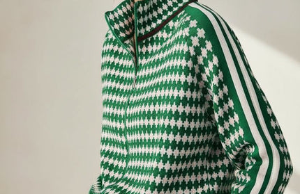 Houndstooth Knit Zip-up Sweater