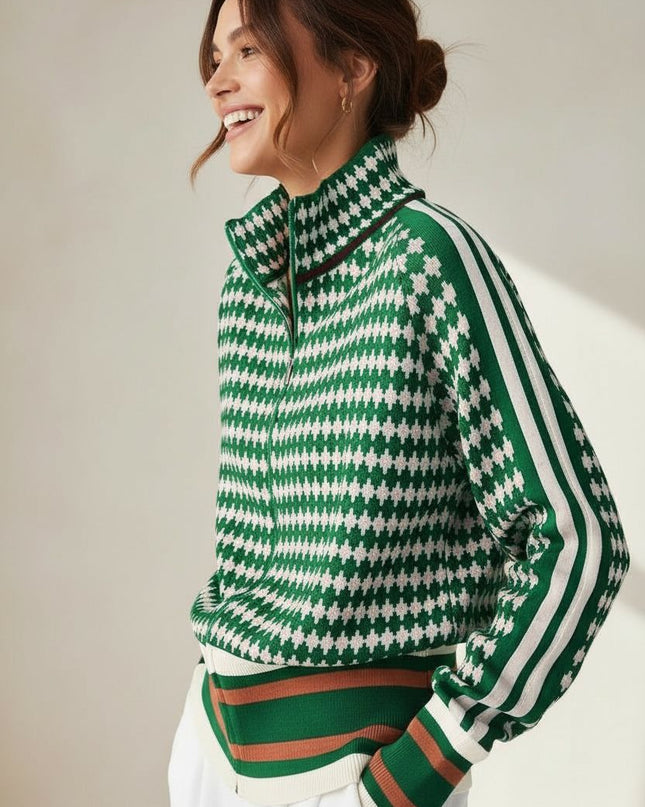 Houndstooth Knit Zip-up Sweater