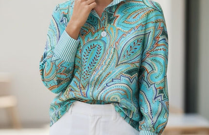 Boho With stripe Turquoise floral print Blouse