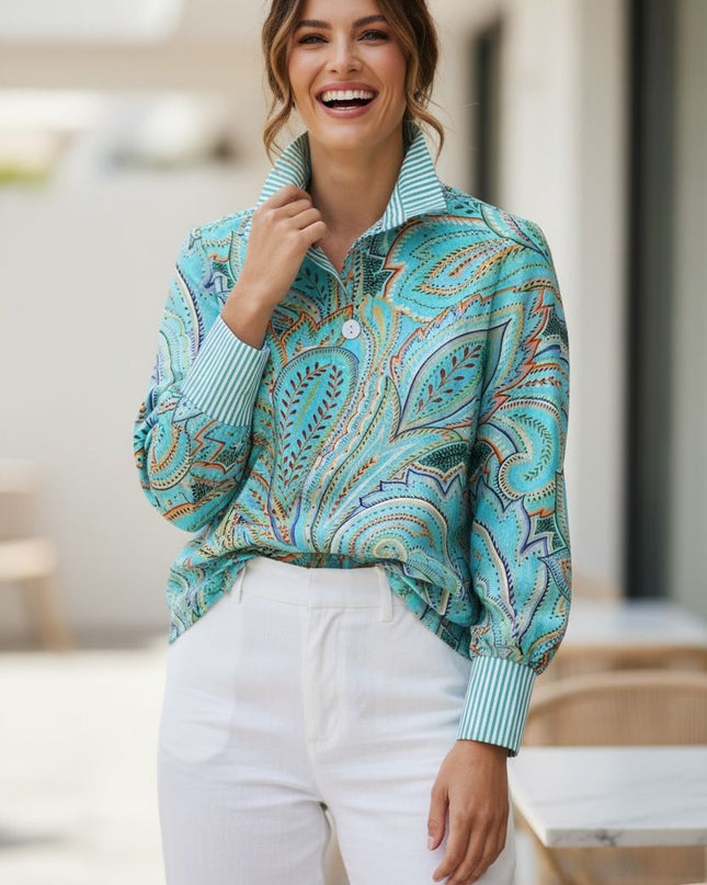 Boho With stripe Turquoise floral print Blouse
