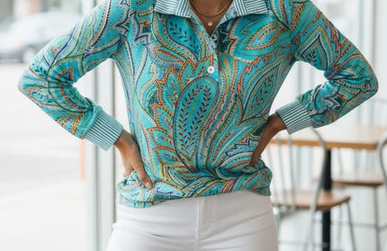 Boho With stripe Turquoise floral print Blouse