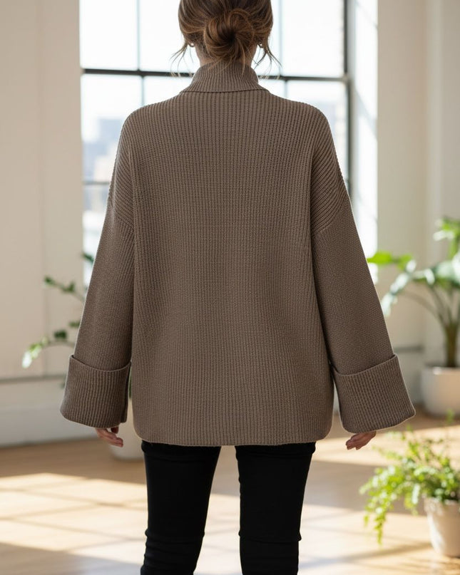 Folded Cuff High Neck pullover sweater