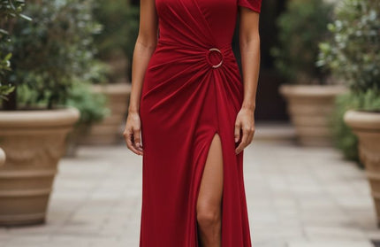 Elegant Oblique Shoulder twist knot with gold buckle dress